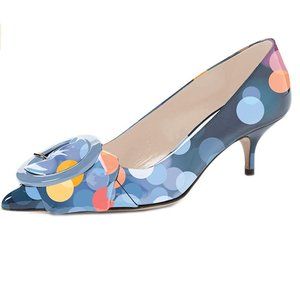 YDN Neon Blue Elegance Low Kitten Heel Pointy Toe Patent Buckle Pumps